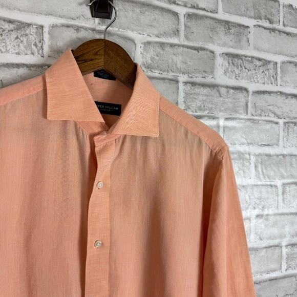 Peter Millar Collection Light Peach Orange Linen Blue Button Up Shirt Men MEDIUM - Picture 2 of 7